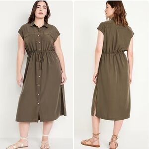 NEW Old Navy Waist Defined Collared Sleeveless Utility Midi Dress Army Green 2X